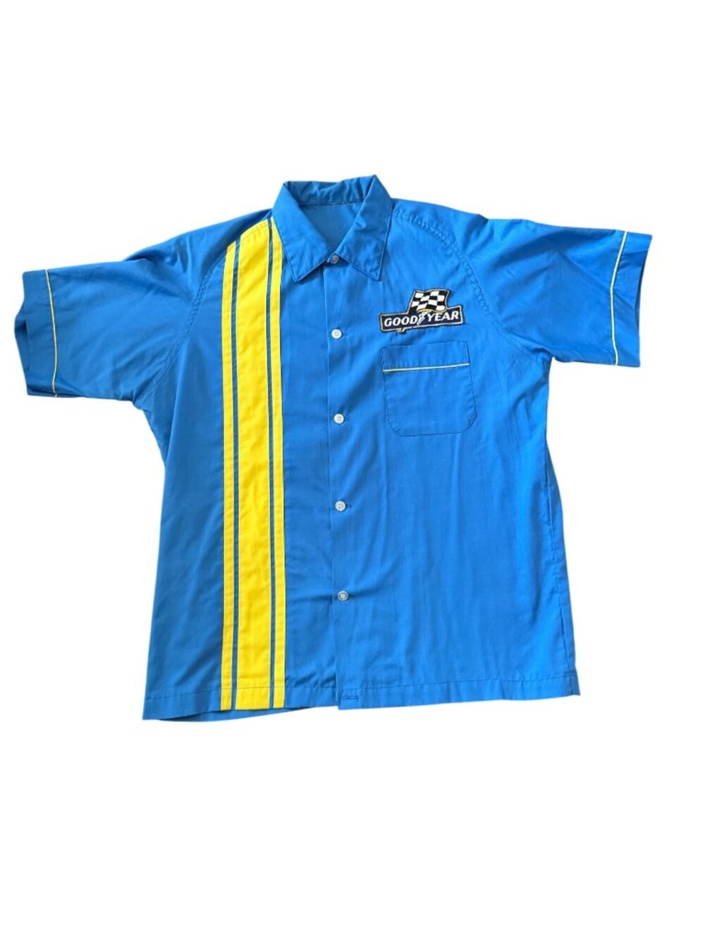 Vintage Goodyear Mens Racing Button-Up Shirt Blue Yellow Striped Short Sleeve Pi